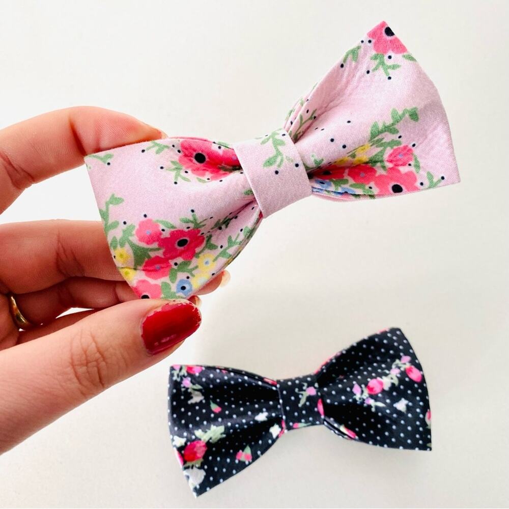 NEW HANDMADE Navy Blue Polka Dot Pink Floral Dog Cat Pet Collar Elastic Bow Tie
